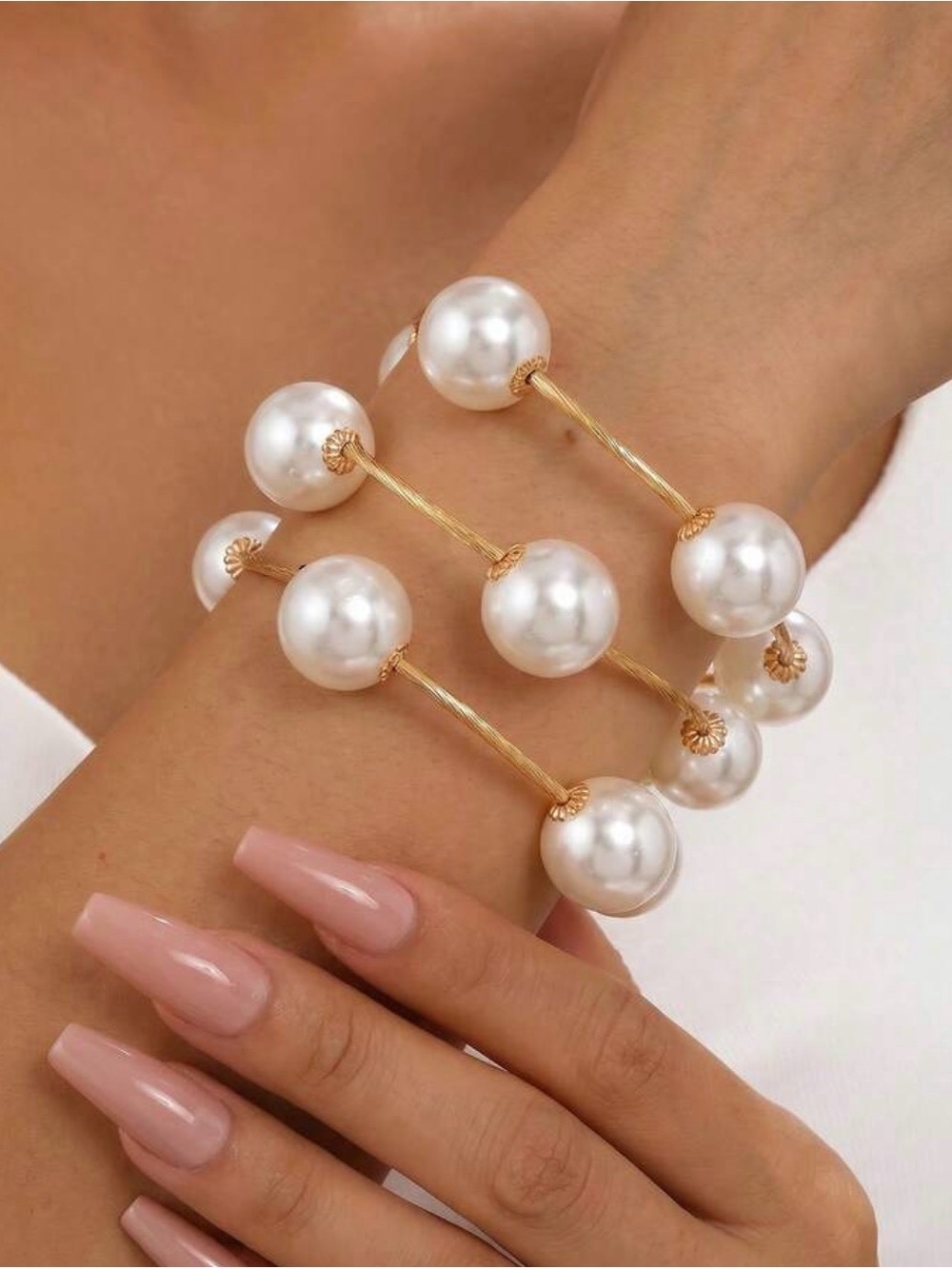 3pcs Gold Pearl Ball Cuff Bracelet - Women Jewelry